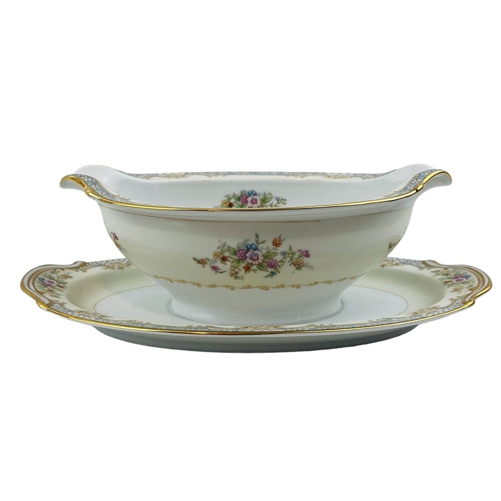 Noritake Naomi Gravy Boat Attached Underplate Floral Blue‎ Border Gold Trim